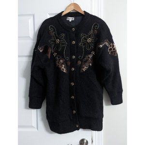Vintage Black Animal Print Medium Mohair Blend Sweater Tunic Grandma Cottagecore